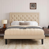 Queen Button Tufted/Fabric Upholstered Bed Frame with Adjustable Headboard/Wood Slat Support/Mattress Foundation/Beige