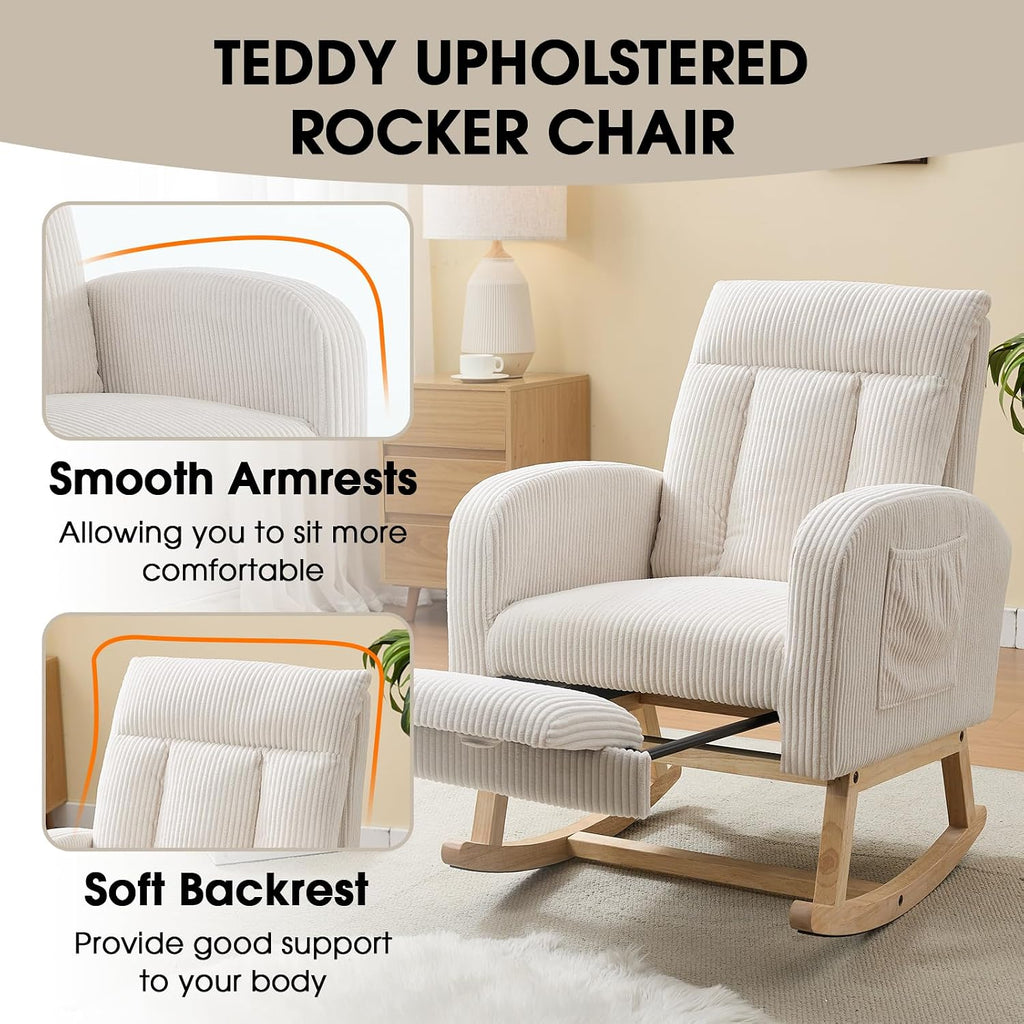 Nursery Rocking Chair, Corduroy Upholstered Rocking Chair with Adjustable Footrest, Tufted Rocker Chair with Side