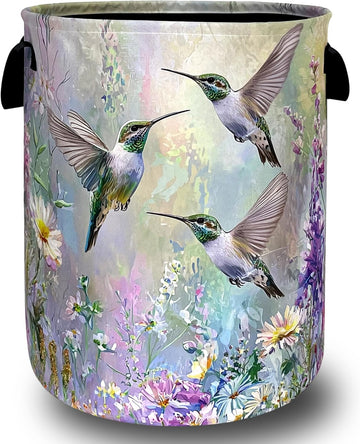 Beautiful Hummingbird Laundry Basket Oxford Cloth Hamper 18.9"x16.5" | Colorful Flower Laundry Hamper With Handle