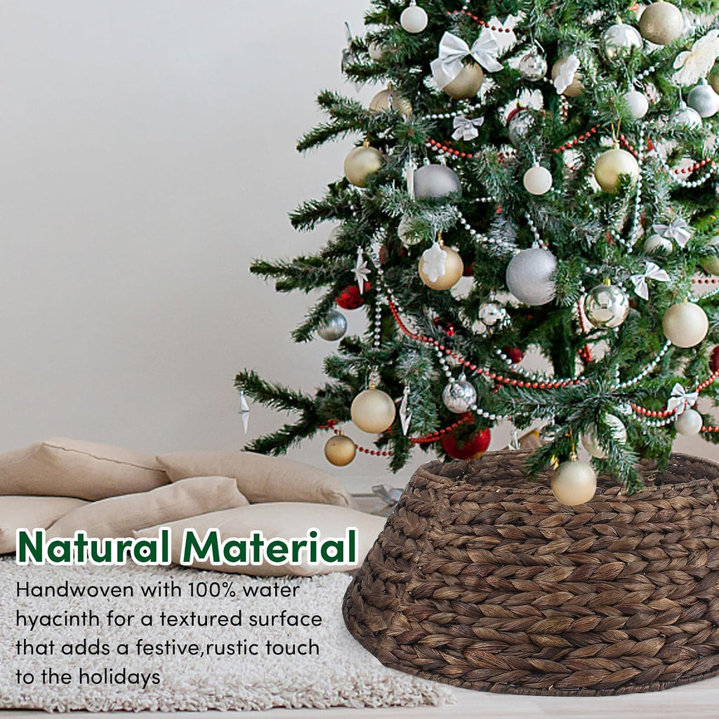 Christmas Tree Collar, 24'' Water Hyacinth Tree Collar, Woven Tree Collar with Cord Cut-Out, Rattan Wicker Tree Skirt - Set of 4