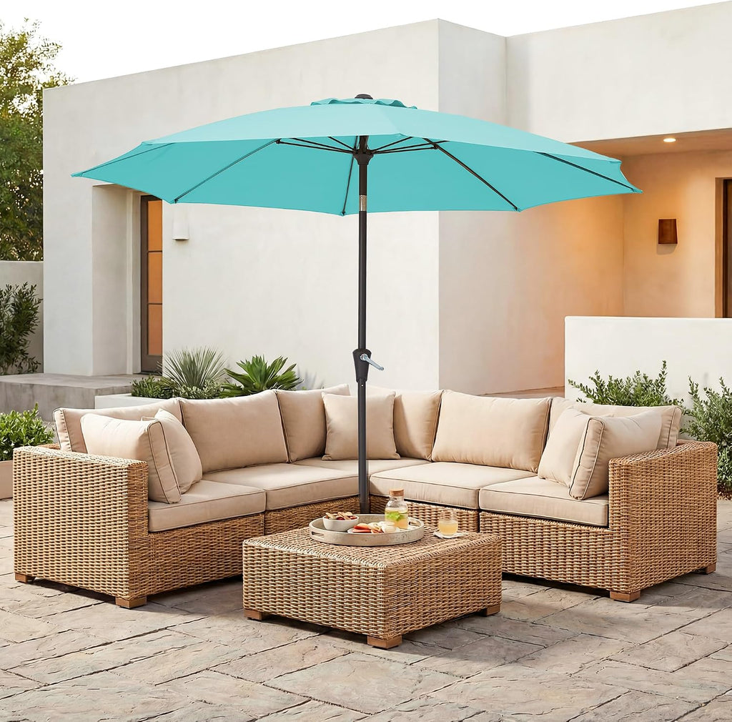9FT Outdoor Patio Umbrella,Market Table Umbrella with 8 Fiberglass Ribs, Pool Umbrella with Tilt and Crank - Peacock Blu