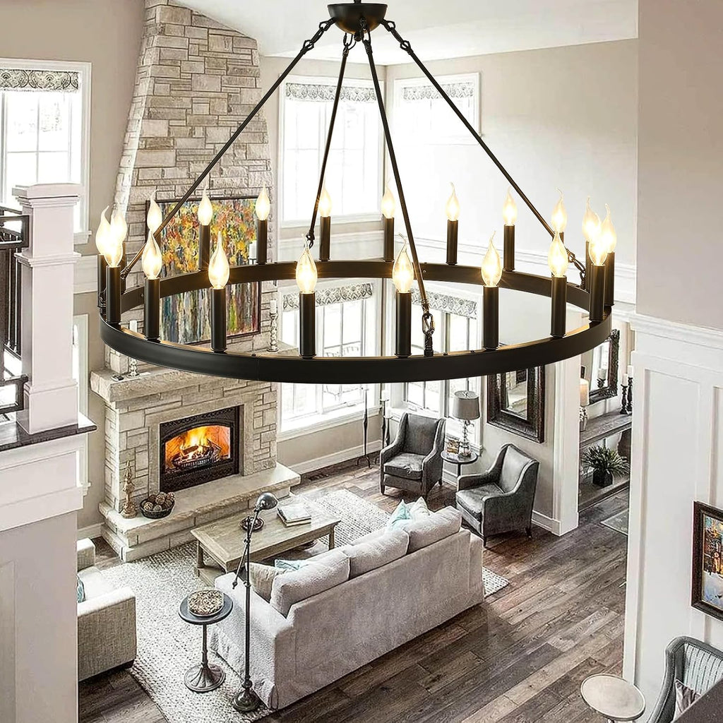 Black Wagon Wheel Chandelier 40 inch,20-Light Farmhouse Wagon Wheel Chandeliers Round Industrial Ceiling Light