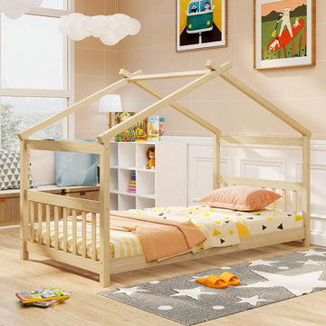House Bed Twin, Solid Wood Kids House Bed with Roof, Headboard and Footboard, Low Floor Twin Bed Frame for Kids Teens