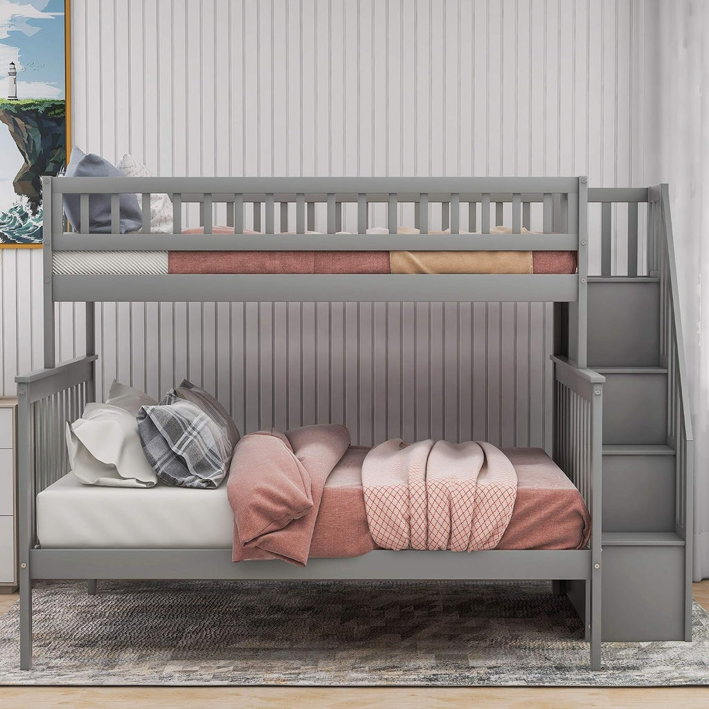Twin Over Full Bunk Bed with Stairs, Wood Bed Frame with Storage Space and Guard Rail for Bedroom, Dorm, for Teens