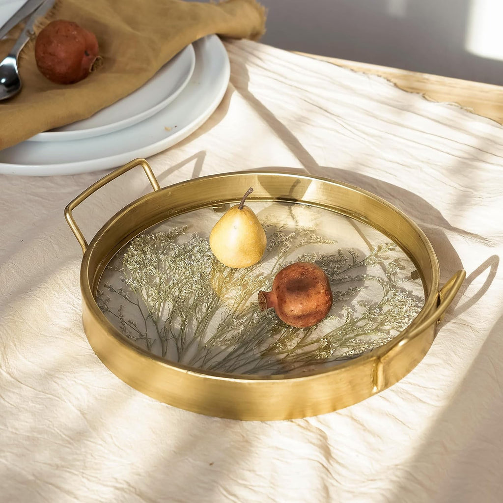Decorative Tray with Natural Dried Botanical Grass, Round Gold Metal Frame, Mirror Glass Serving Tray, Vintage