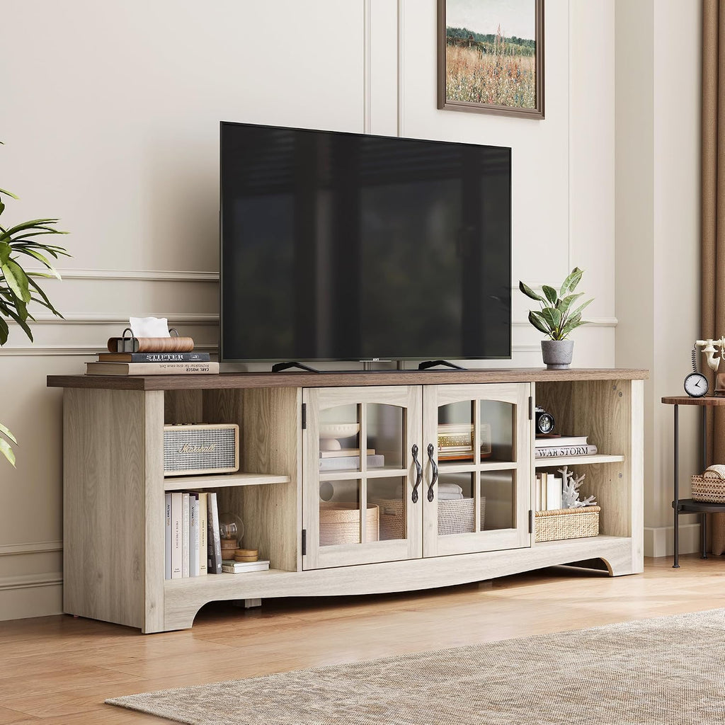 TV Stand for 75 Inch TV, Modern Farmhouse Entertainment Center with Storage Cabinets and Glass Doors, Tall Media