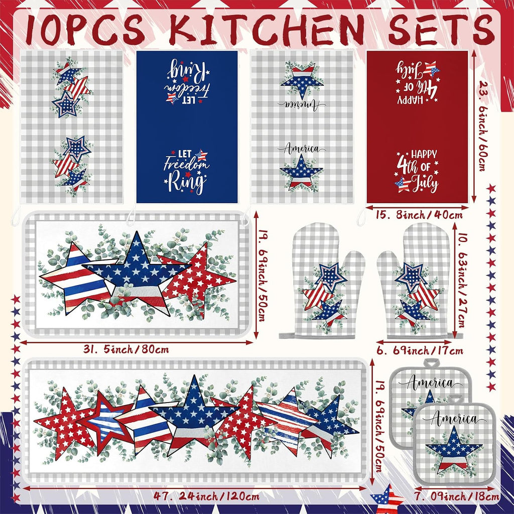 10 Pcs Patriotic Kitchen Decor and Accessories Set Star Pattern 4th of July Kitchen Towels Pot Holders Oven Mitts