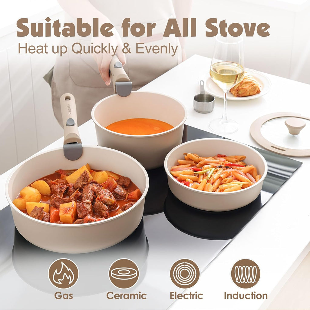 24 Piece Ceramic Detachable Handle Pots and Pans Set Almond Beige | Ceramic Cookware Set, Induction Cookware Set with