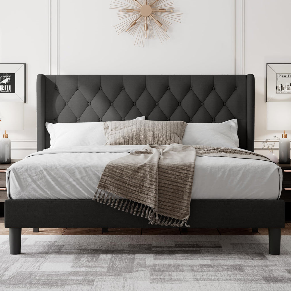 King Size Bed Frame with Wingback Tufted Headboard, Upholstered Platform Bed Frame with Heavy Duty Wooden Slats