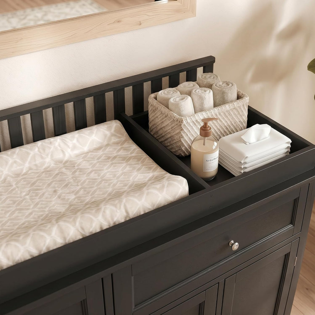 46" Black Baby Changing Table Nursery Dresser with Removable Top | Large Dresser with 5 Storage Drawers and 2 Doors