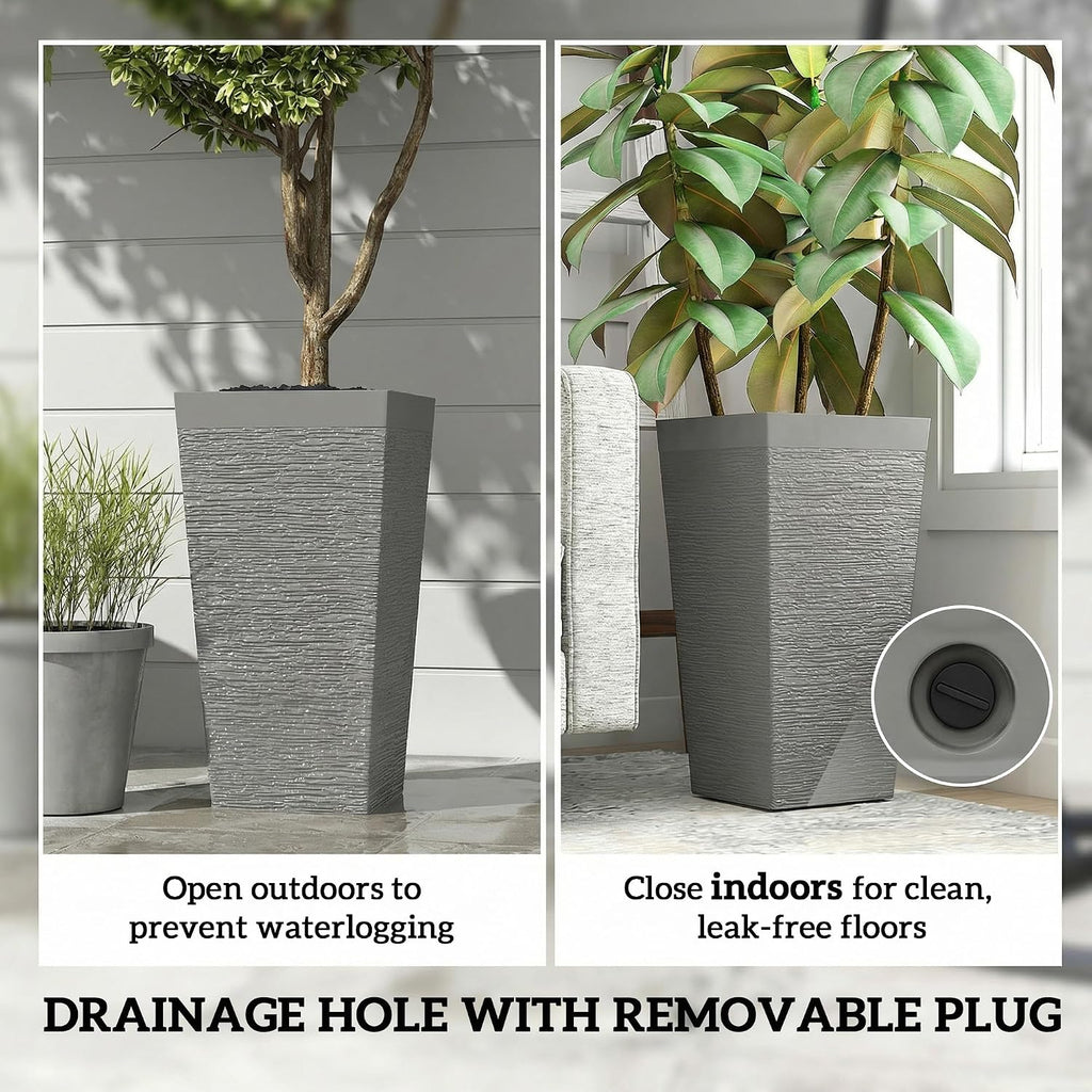 22.8 Inch Tall Planters for Outdoor Plants Set of 3, Gray | Wheels, Flower Pots, Stone Finish, Stackable Tapered