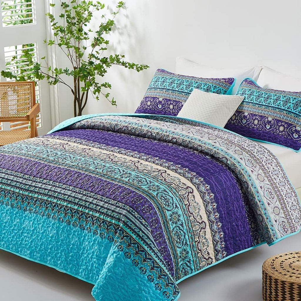 Boho King Quilt Bedding Set, 3 Pieces Soft Bedspread,Blue - Set of 3
