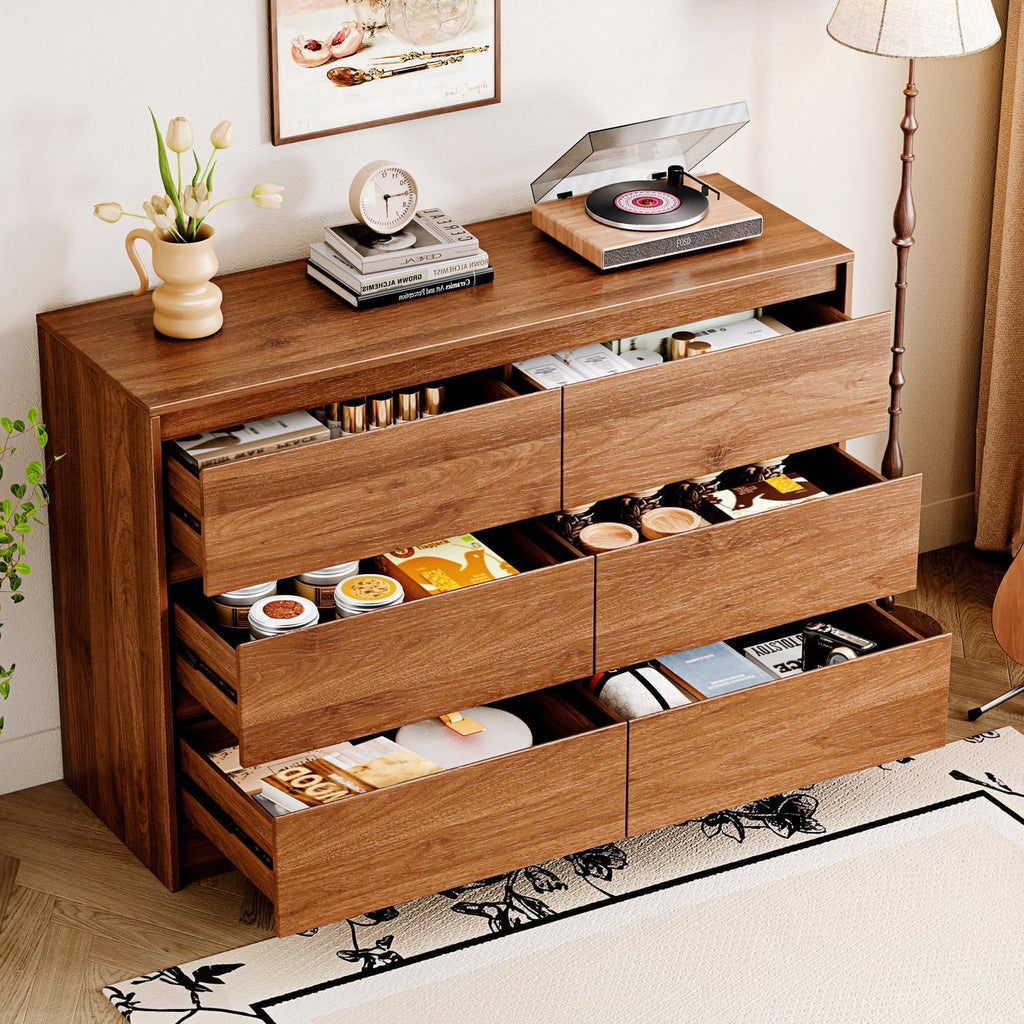 6 Drawer Dresser,47" Wide Mid Century Chest of Drawers,Wooden Bedroom Drawer Dresser with 6 Storage Drawers ,with
