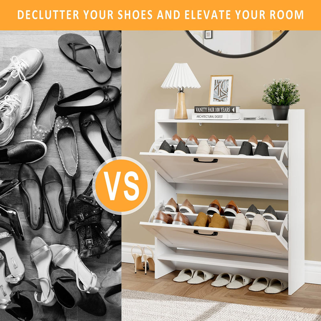 Shoe Cabinet Storage, Hidden Shoes Storage Cabinet with 2 Flip Drawers, Freestanding Shoes Cabinet with Adjustable