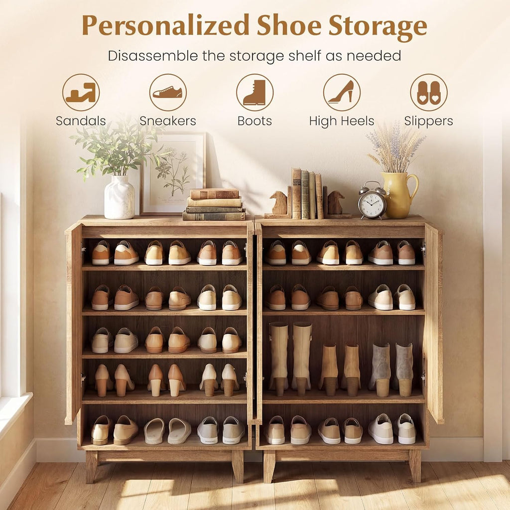 Shoe Cabinet with 2 Fluted Doors, 5-Tier Wooden Shoe Rack Organizer Cabinet with Removable Shelves, Freestanding Shoe
