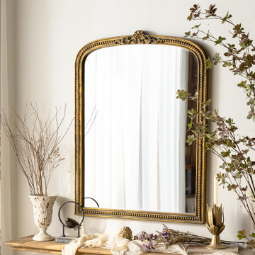 French Vintage Ornate Arched Wall Mirror, Gold Framed Decorative Mirror, Ornate Baroque Accent Mirror, Fireplace