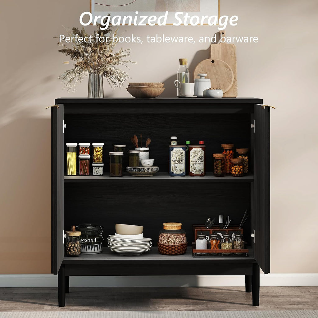 Fluted Cabinet with Storage, Buffet Cabinet Sideboard with 2 Doors, Black Buffet Storage Accent Cabinets with