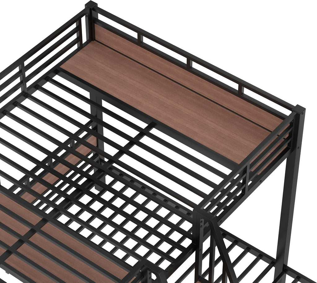 Queen Over Twin Over Twin Bunk Bed with Shelf and Stairs, Heavy Duty Triple Bunk Beds with Safety Guardrails