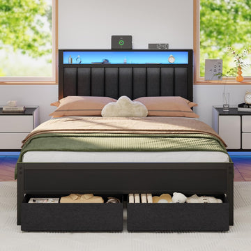 Full Bed Frame with Charging Station and LED Lights, Grey Upholstered Headboard with Shelves