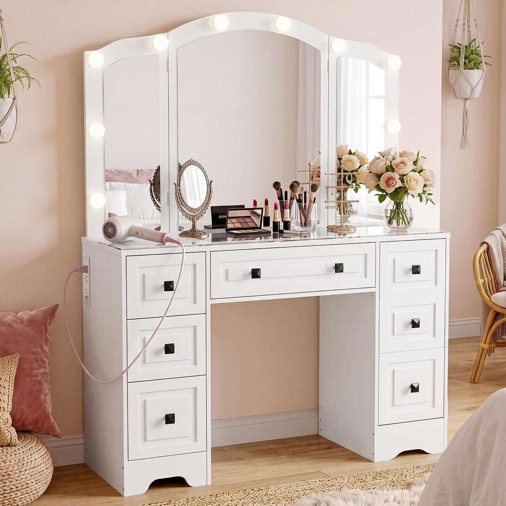 Vintage Vanity, White Vanity with Lighted Mirror & Third-Fold Mirror, Retro 5-Drawer Dressing Table with Glass Top