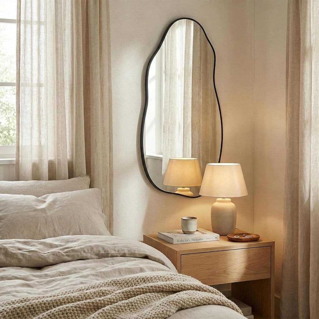 Irregular Wall Mirror 30"x16.5", Small Asymmetrical Mirror for Wall Decor, Matte Black Rust Proof Aluminum, Tempered