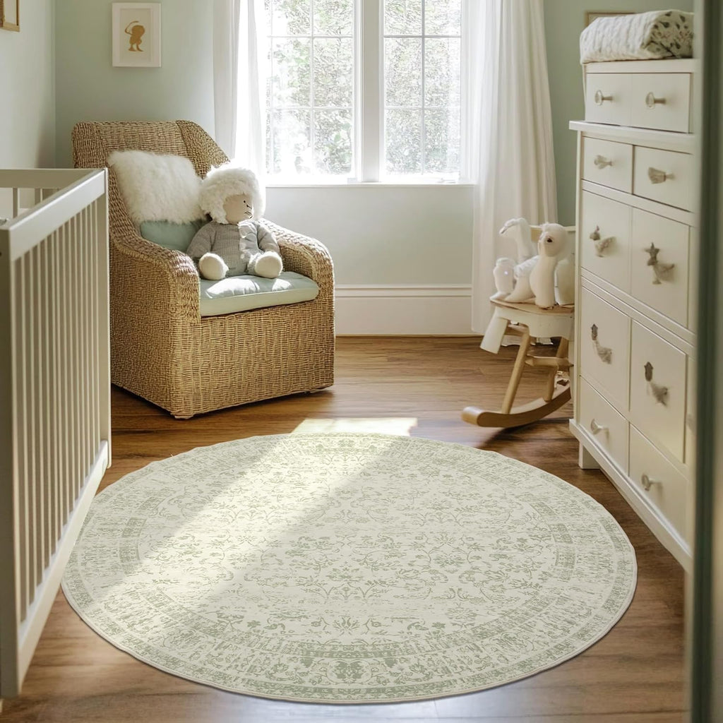 6ft Round 6' Round Rug Washable Area Circle Rug Vintage Carpet Indoor Floor Cover Floral Print Sage 
