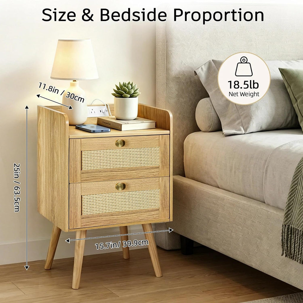 Nightstands Set of 2 with Charging Station, Modern Boho Rattan Bedside Tables with 2 Drawers,Open Storage End Tables