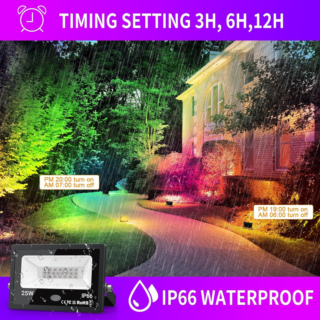 Upgraded LED Flood Light Outdoor 25W 4 Pack, DIY Color Changing Christmas Lights Outdoor Patio Floodlights with