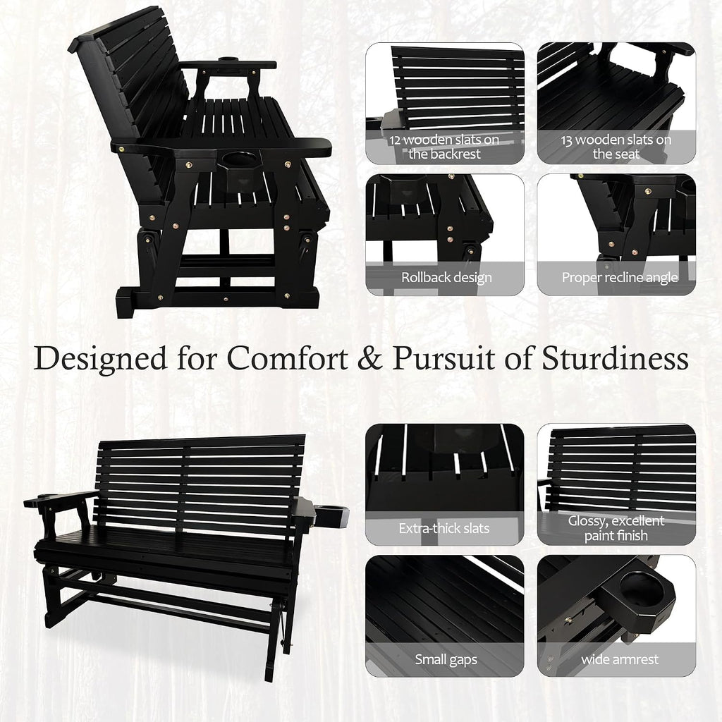 Patio Glider with Cup Holders, High Roll Back and Deep Contoured Seat, Heavy Duty 800 Lb (Matte Black, 2-Seater)