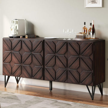 63” Solid Acacia Wood Sideboard Buffet Cabinet, Hand-Carved Geometric Door Console with Adjustable Shelves for Hallway
