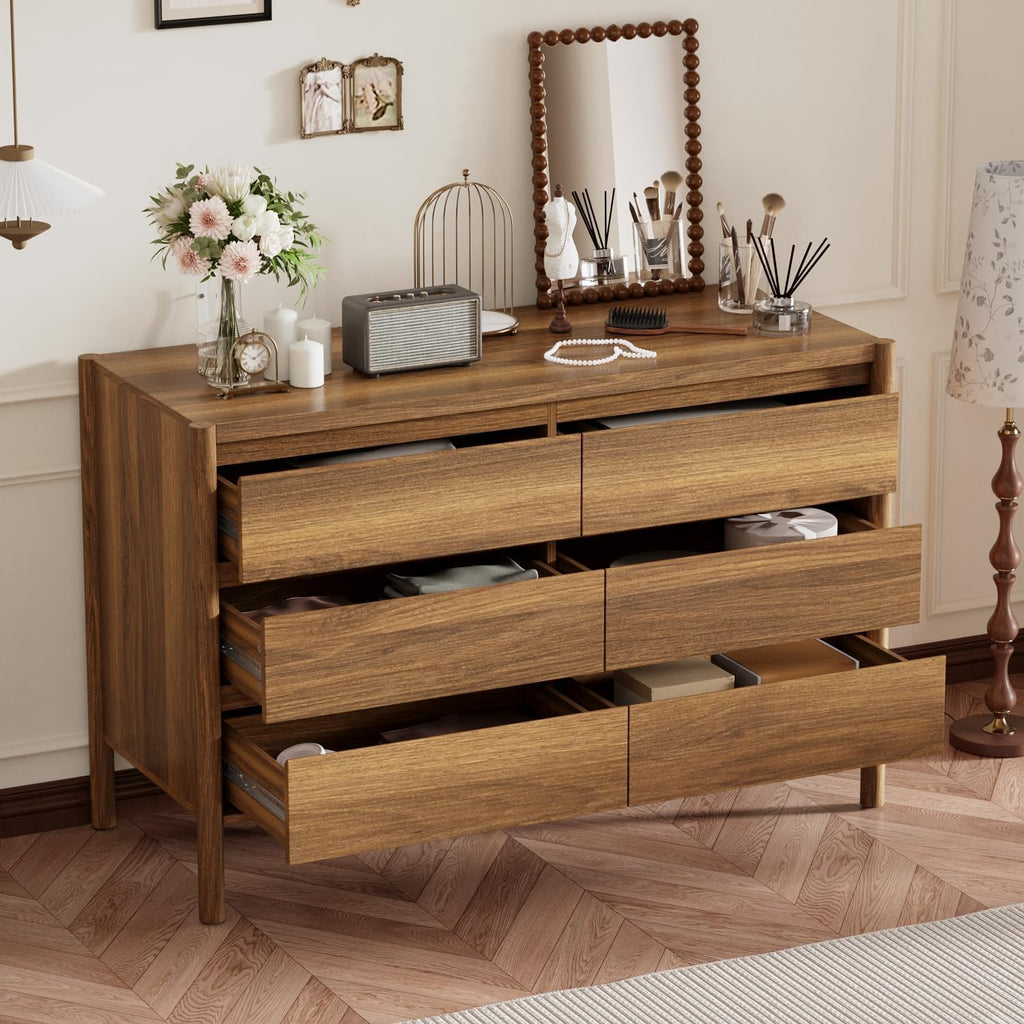 47.2" W 6-Drawer Dresser with Solid Wood Legs, Mid Century Modern Closet Chest of Drawers with no Handles Design