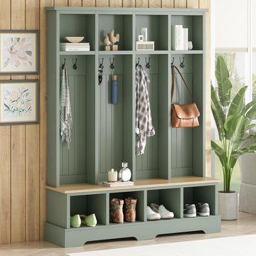 Farmhouse Hall Tree with Bench and Shoe Storage, 59" Entryway Bench with Coat Rack, 3-in-1 Hall Tree with Top