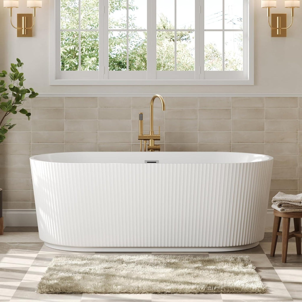 67" Acrylic Freestanding Bathtub, Easy Install Standalone Deep Soaking Tub with Fluted Design, Modern Ergonomic