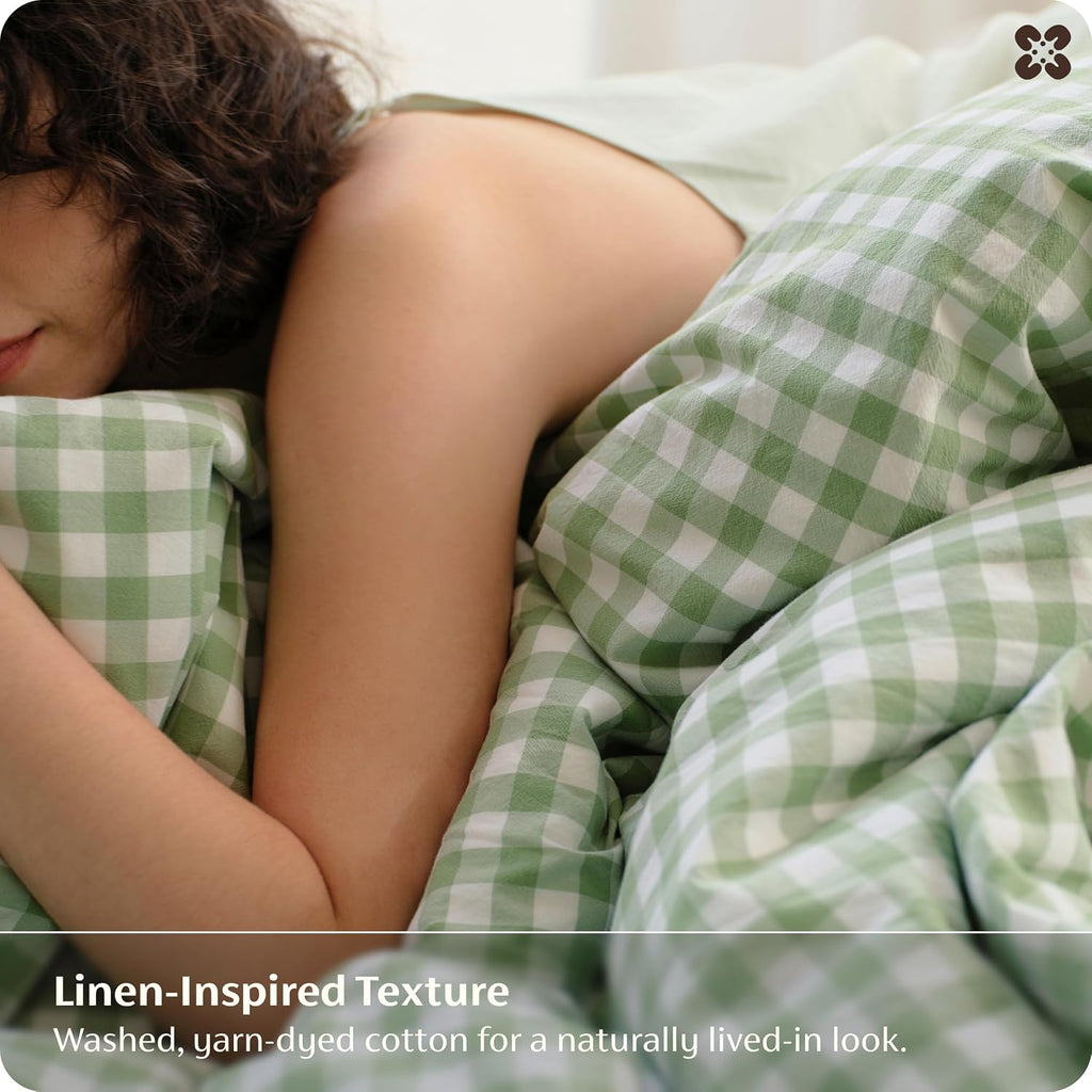 Gingham Duvet Cover, 100% Washed Cotton Duvet Cover Linen‑Like, PureWoven with Reversible Yarn‑Dyed Design