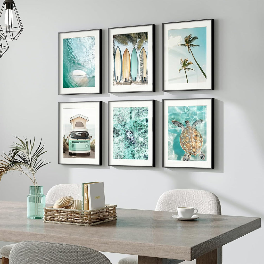 Framed Coastal Beach Wall Art , 6 Pcs Ocean Wave Surfboard Palm Tree Sea Turtle Canvas Artwork, Teal Green Summer