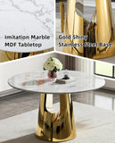 Luxury Marble Round Dining Table for 4-6, White Gold 45" Faux Marble Kitchen Table with Mirrored Stainless Steel