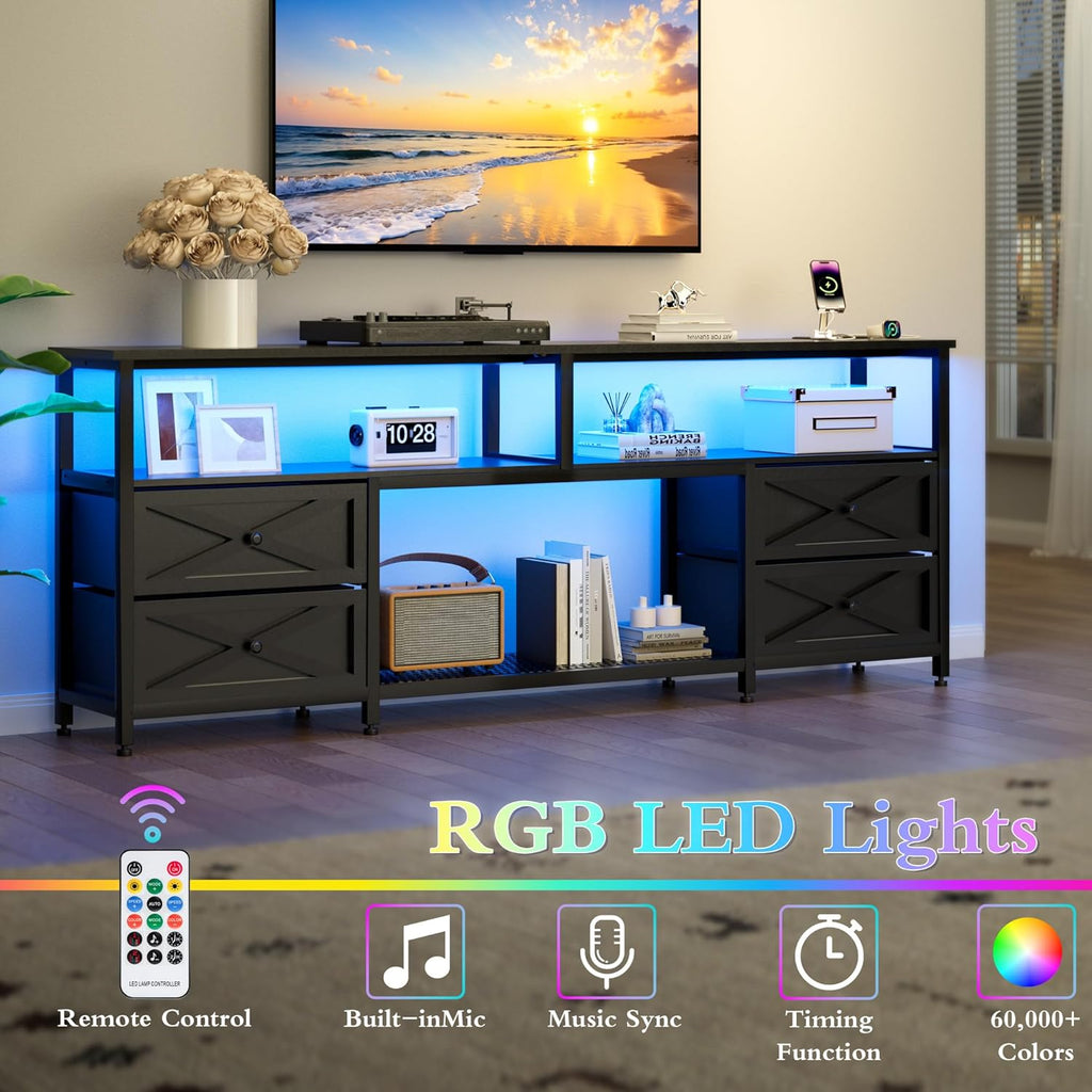 TV Stand with Fabric Drawers for 65 70 75 Inches TV - Entertainment Center with Open Storage Shelf, Power Outlets & LED Lights for Living Room, Bedroom, 63" TV Console Media Console, Black