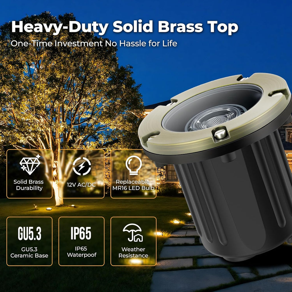 Brass Low Voltage Landscape Well Lights (5" Cover, 5.5" Tall), 12V LED Wired In-Ground Outdoor Up Lighting Fixture