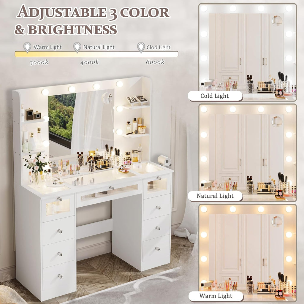 White Vanity with Lighted 23.5" Mirror, Glass Top Vanity 9 Drawers | Makeup Vanity Desk with 3 Color Hollywood Bulbs