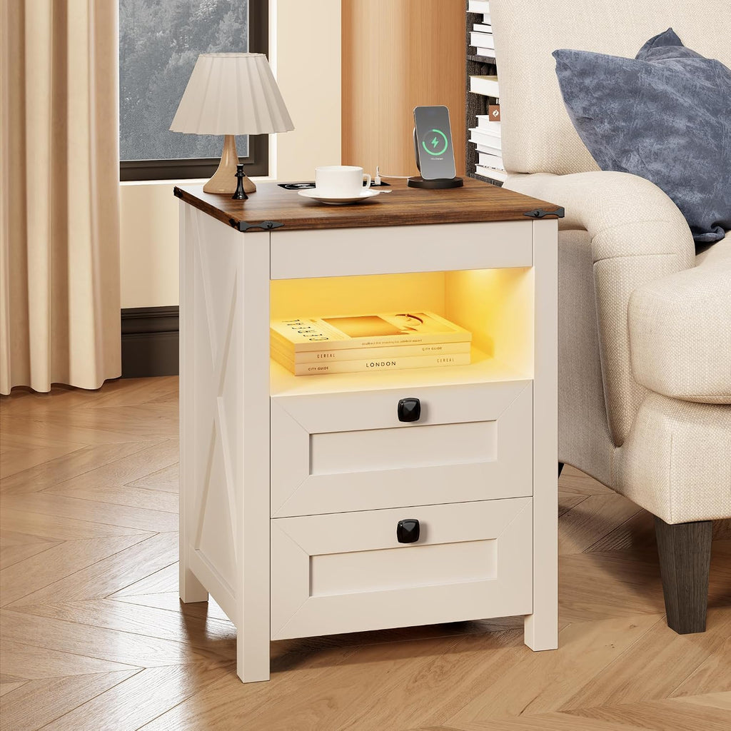 LED Nightstand Set of 2 with Gun Drawer: Bedside Table with Charging Station Furniture - Farmhouse Night Stand with 3