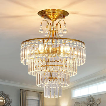 5 -Lights Crystal Gold Chandelier Fixture Modern Semi Flush Mount Ceiling Light with E12 Ceiling Lighting for Bedroom