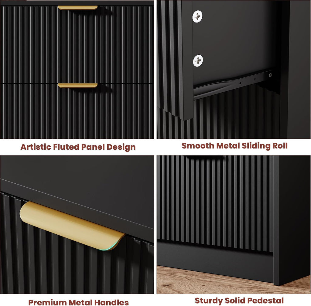 9 Drawers Dresser - Modern Fluted Chest of Drawers, Black | 59" Wide Drawers with Golden Metal Handles, Large TV