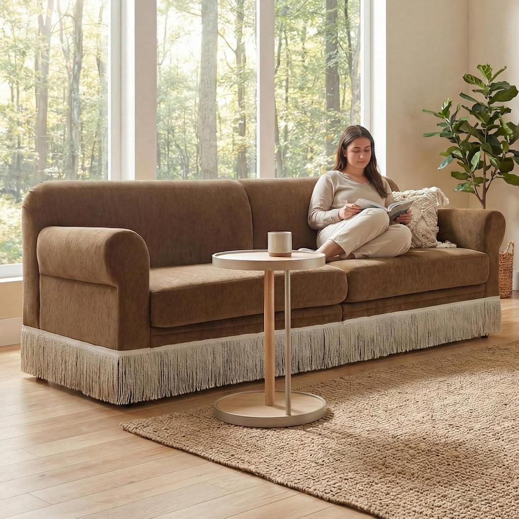 86" Chenille Sofa Couch - Mid-Century Modern 3-Seater Deep Seat Sofa with Vintage Tassel Design Pet-Friendly Soft
