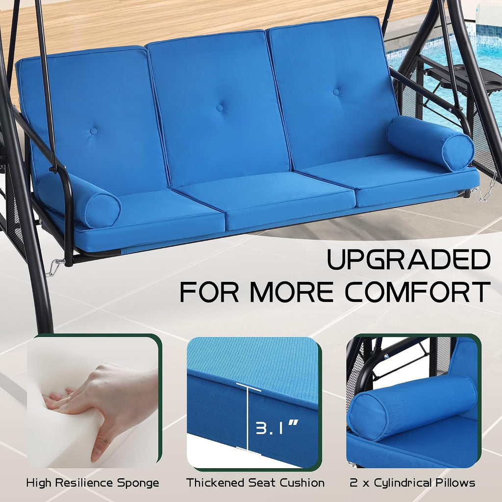 3 Seat Outdoor Patio Swing with Stand, 3-in-1 Porch Swing with Adjustable Canopy & Deep Cup Holders, Patio Glider