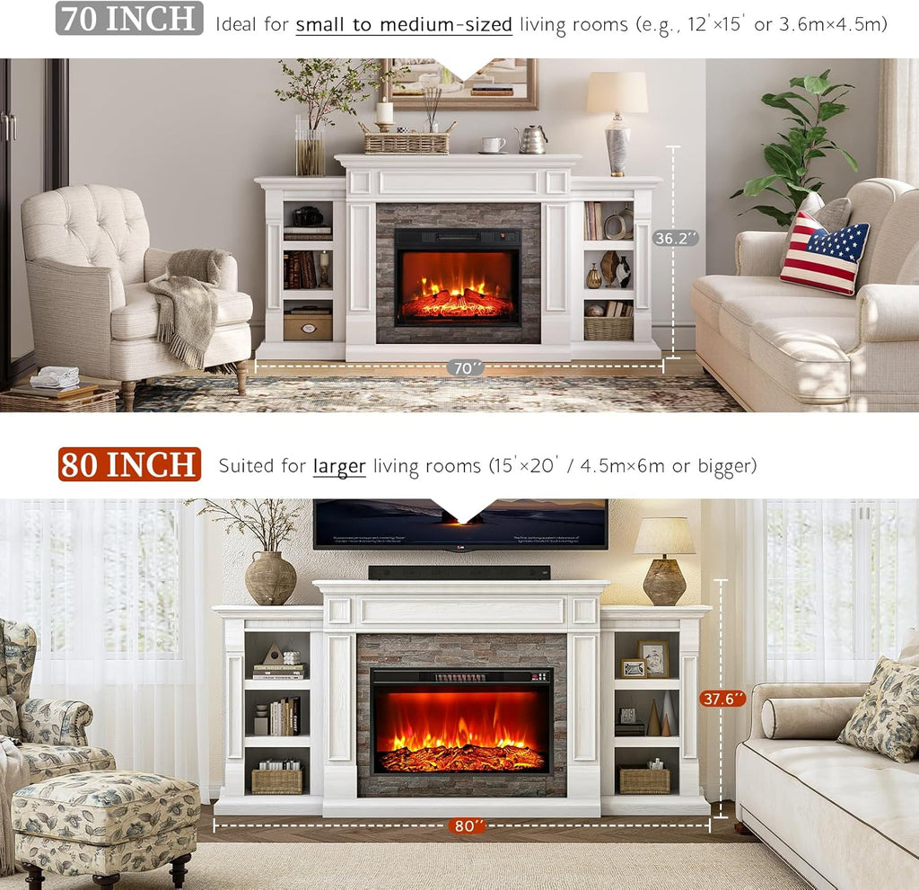 80" Electric Fireplace with Mantel, Fireplace TV Stand for TVs Up to 90 Inch, Modern Entertainment Center with Storage, 30'' Fireplace Heater Insert with 3D Flame Effect for Living Room
