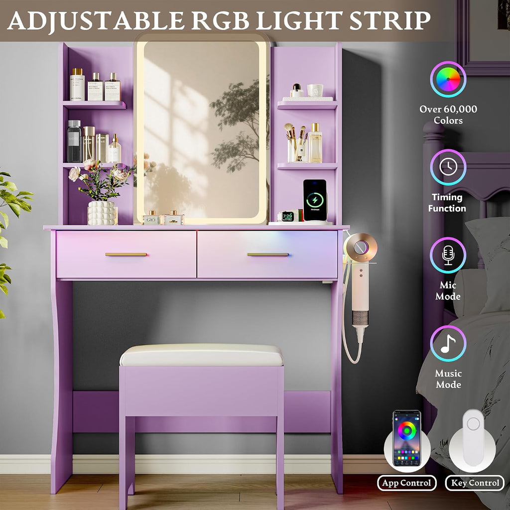 Makeup Vanity Desk with LED Lights and Mirror, Vanity Table Set with Charging Station&Cushioned Stool, 3 Lighting