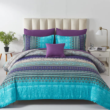 Boho Comforter Set 8 Piece Bed in a Bag Bohemian Striped Bedding Quilt Set Aqua Paisley Floral