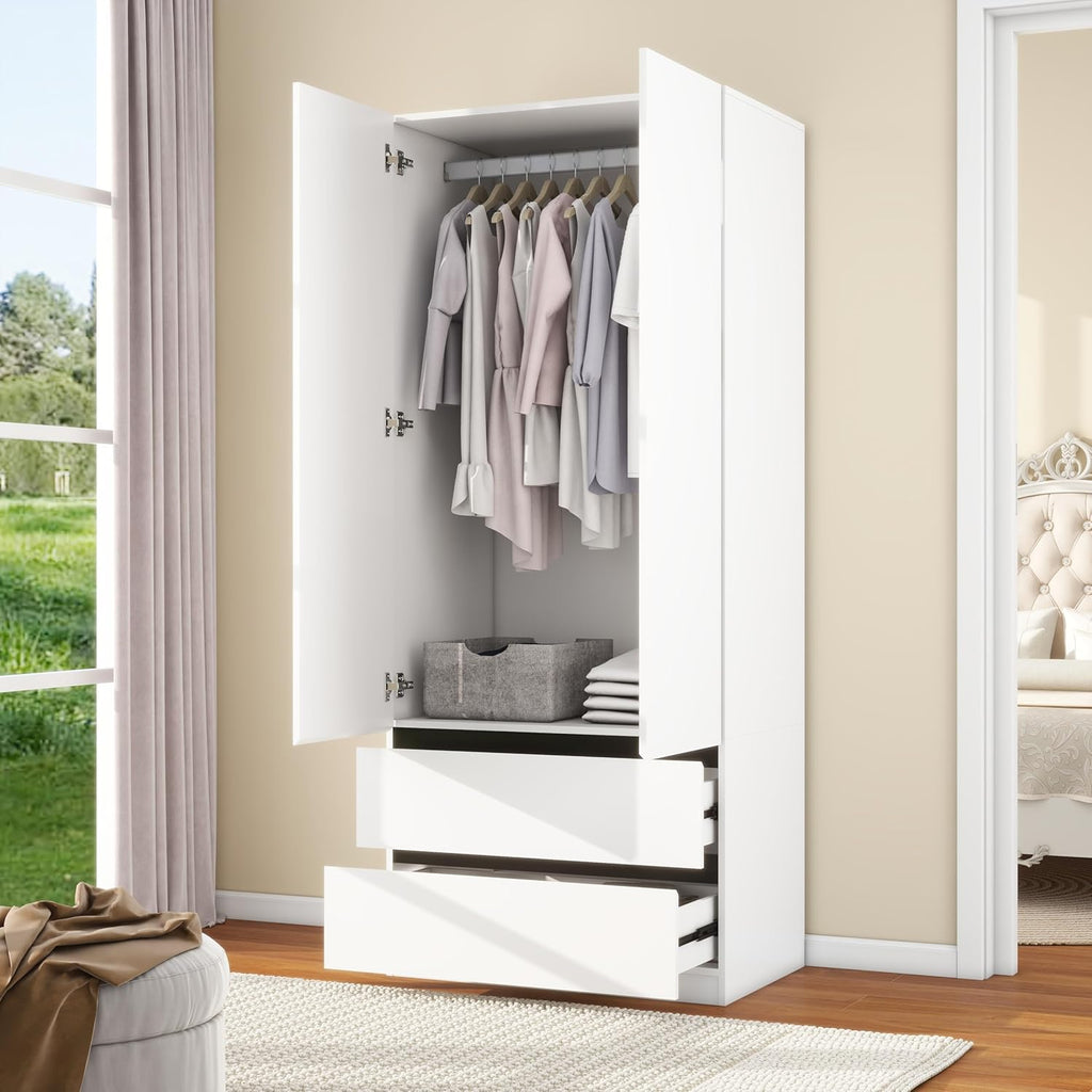 White Wardrobe Closet with Doors: 75" Large Capacity Bedroom Armoire, Wooden Cabinet with 2 Drawers, Hanging Storage