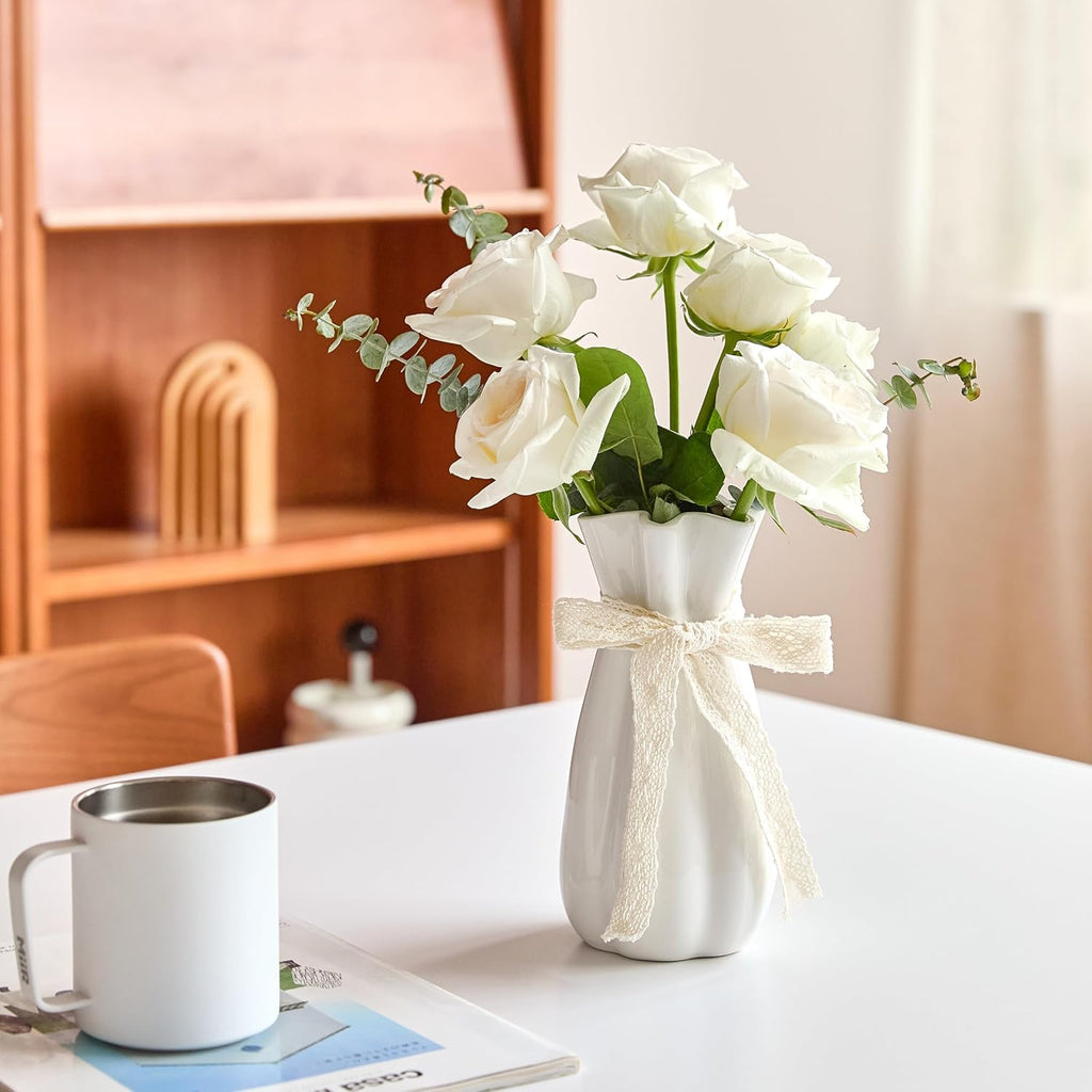 White Ceramic Flower Vase, 8'' Modern Decorative Vases Minimalism Boho Vases