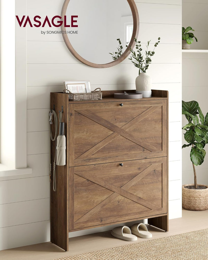 Shoe Storage Cabinet Organizer with 2 Flip Drawers, Freestanding Narrow Shoe Rack Cabinet , Farmhouse Style, Fits 14